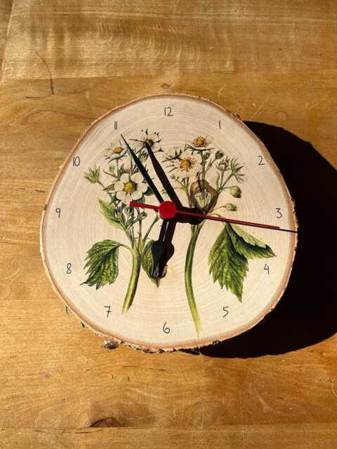 Wall Clock With Vintage Motif Strawberry Blossom On Birch Branch Disc Quiet Clockwork - image 1