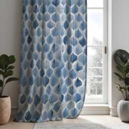 Blue Geometric Curtains, Modern Leaf Pattern Drapes, Custom Window Panels For Bedroom Or Living Room Decor - thumbnail 4