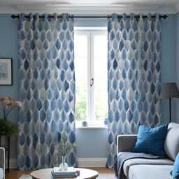 Blue Geometric Curtains, Modern Leaf Pattern Drapes, Custom Window Panels For Bedroom Or Living Room Decor - thumbnail 1