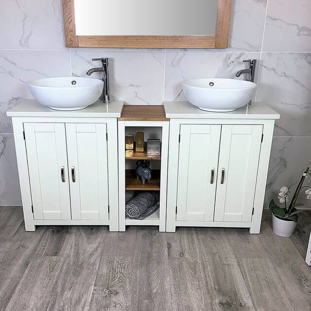 Bathroom Vanity Unit - Sink Washstand Slimline White Painted With Quartz Worktop & Sit On Basins Taps Plugs Included - image 1