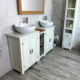 Bathroom Vanity Unit - Sink Washstand Slimline White Painted With Quartz Worktop & Sit On Basins Taps Plugs Included - thumbnail 2