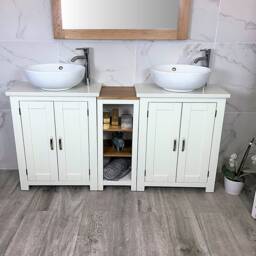 Bathroom Vanity Unit - Sink Washstand Slimline White Painted With Quartz Worktop & Sit On Basins Taps Plugs Included - thumbnail 1