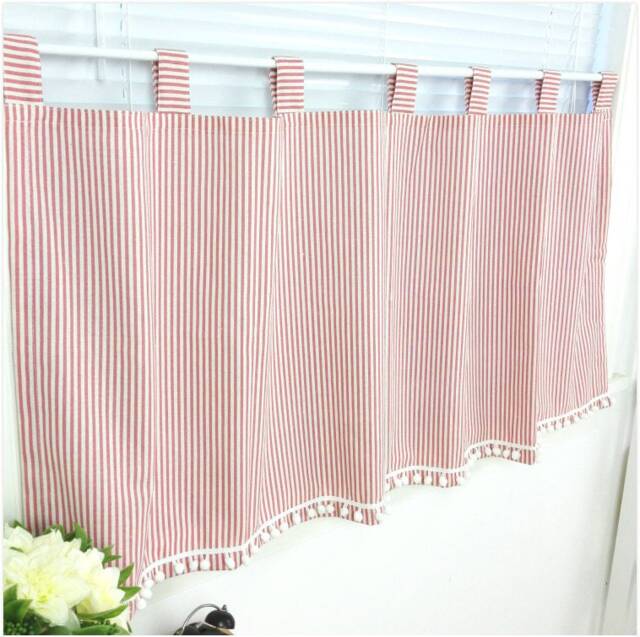 Cafe Curtain Window Valance/Girl Kids Nursery/Bathroom Shower Curtain-Red Pinstripe Pom Poms - image 1