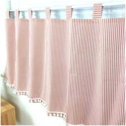 Cafe Curtain Window Valance/Girl Kids Nursery/Bathroom Shower Curtain-Red Pinstripe Pom Poms - thumbnail 3