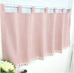 Cafe Curtain Window Valance/Girl Kids Nursery/Bathroom Shower Curtain-Red Pinstripe Pom Poms - thumbnail 1