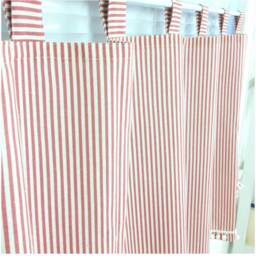 Cafe Curtain Window Valance/Girl Kids Nursery/Bathroom Shower Curtain-Red Pinstripe Pom Poms - thumbnail 2