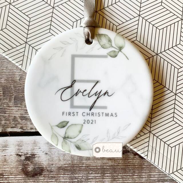 Personalised First Christmas Baby Boy Girl Greenery Leaf Design Ceramic Round Ornament Keepsake