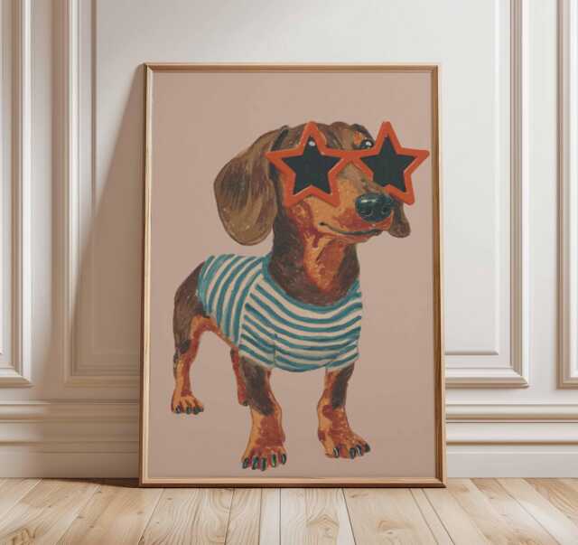 Dachshund Star Sunglasses Art Print Poster, Quirky Expressive Dog Portrait, Fun Kids Room Wall Decor Unique Gift - image 1