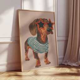 Dachshund Star Sunglasses Art Print Poster, Quirky Expressive Dog Portrait, Fun Kids Room Wall Decor Unique Gift - thumbnail 2