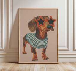 Dachshund Star Sunglasses Art Print Poster, Quirky Expressive Dog Portrait, Fun Kids Room Wall Decor Unique Gift - thumbnail 1