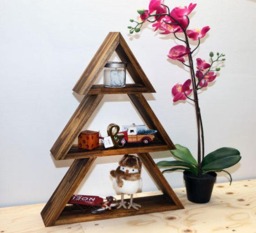 Wooden Christmas Tree Shaped Shelf - 3 Tiers Large Xmas Wall Mountable - Wood Wall Shelf.wooden Trees.wooden Tree Decor - thumbnail 2