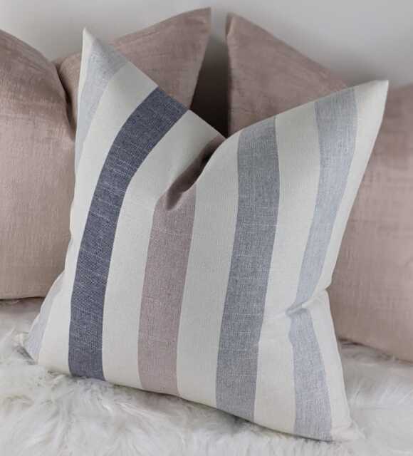 Pink Navy Stripe Cotton Linen Blend Cushion Cover Penzance Nautical Coastal Style Handmade Cover - image 1