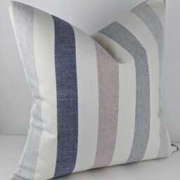 Pink Navy Stripe Cotton Linen Blend Cushion Cover Penzance Nautical Coastal Style Handmade Cover - thumbnail 3