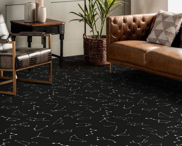 Constellation Galaxy Pattern Vinyl Flooring, Black Homecoming Proposal Ideas, White Vivid Colors Ink, Stars Eco Friendly Floor, Custom Print - image 1