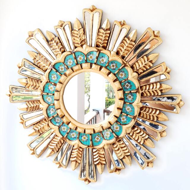Peruvian Turquoise Gold Mountain Mirror 60 cm Handmade Wall Decor - Carved Wood Round Artistic For Living Room Bathroom - image 1