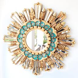 Peruvian Turquoise Gold Mountain Mirror 60 cm Handmade Wall Decor - Carved Wood Round Artistic For Living Room Bathroom