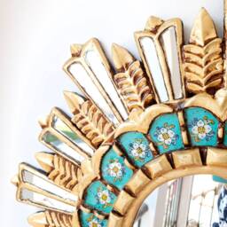 Peruvian Turquoise Gold Mountain Mirror 60 cm Handmade Wall Decor - Carved Wood Round Artistic For Living Room Bathroom - thumbnail 2