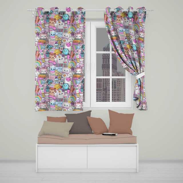 Cute Kawaii School Supplies Desk Rainbow Sun Globe Cream Seamless Pattern Readymade Eyelet Ring Top Thermal 100% Blackout Curtains - image 1