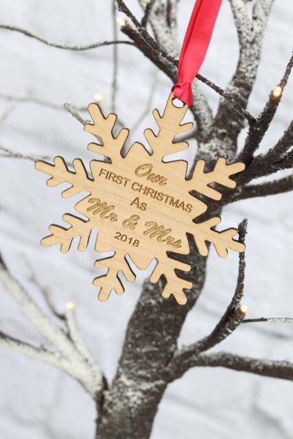 Wooden Tree Decoration, Mr & Mrs Our First Christmas As, Christmas & Bauble - image 1