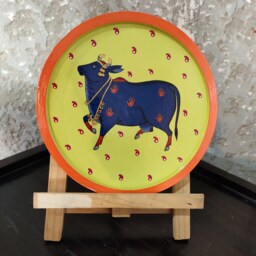 Hand Painted Decorative Plate- Beautiful Handpainted Cow On Wood - Acrylic Colors Pichwai Painting - thumbnail 3