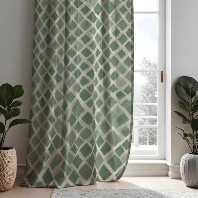 Sage Green Geometric Curtains, Modern Lattice Pattern Drapes, Custom Window Panels For Living Room Bedroom Neutral Home Decor - image 1