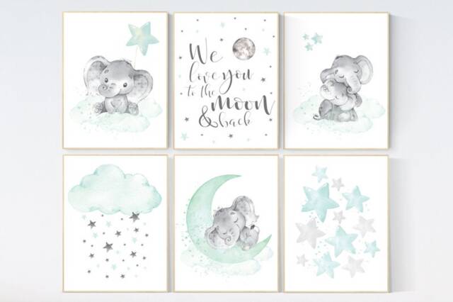 Elephant Nursery Prints Mint Green Moon & Stars Wall Art - image 1