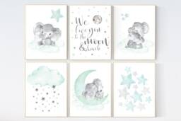 Elephant Nursery Prints Mint Green Moon & Stars Wall Art - thumbnail 1
