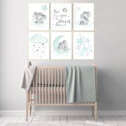 Elephant Nursery Prints Mint Green Moon & Stars Wall Art - thumbnail 2