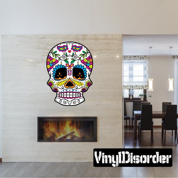 Sugar Skull Wall Decal - Fabric Vinyl Removable & Reusable Sugarskulluscolor047Et