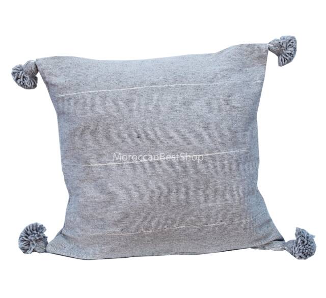 Handmade Moroccan Pom Cotton Cushion Cover Gray Berber Pillow - image 1