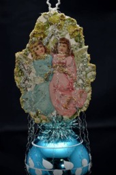 Vintage Christmas Ornament With Dresden Trims, Victorian Die Cuts & Mercury Glass Beads - thumbnail 3
