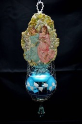 Vintage Christmas Ornament With Dresden Trims, Victorian Die Cuts & Mercury Glass Beads - thumbnail 1