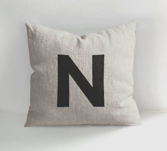 Hand Drawn Letter N Linen Pillow Cover - Initial Cushion - image 1