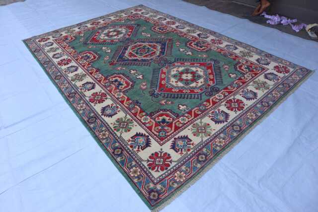 7x10 Green Afghan Rug, Geometric Medallion Handmade Wool Turkmen Tribal Kazak Large Oriental Area Living Room Rug - image 1