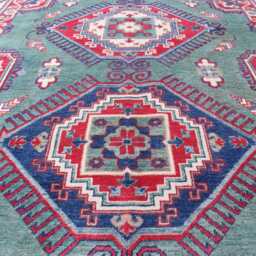 7x10 Green Afghan Rug, Geometric Medallion Handmade Wool Turkmen Tribal Kazak Large Oriental Area Living Room Rug - thumbnail 4