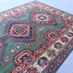 7x10 Green Afghan Rug, Geometric Medallion Handmade Wool Turkmen Tribal Kazak Large Oriental Area Living Room Rug - thumbnail 3