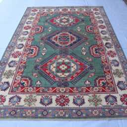 7x10 Green Afghan Rug, Geometric Medallion Handmade Wool Turkmen Tribal Kazak Large Oriental Area Living Room Rug - thumbnail 2