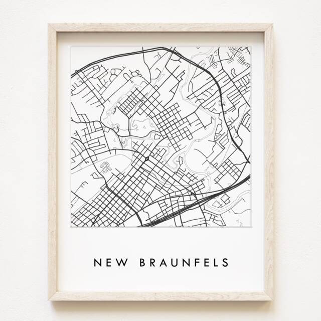 New Braunfels Map Street Texas City Drawing Black & White - Art Print Wedding Anniversary Gift American Travel Wall Decor - image 1