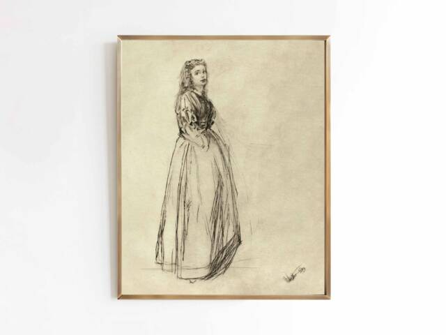 Full Skirt Drawing - Vintage Sketch French Woman Black & White Neutral Art Print Whistler Sizes 5x7 8x10 - image 1