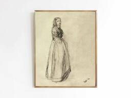 Full Skirt Drawing - Vintage Sketch French Woman Black & White Neutral Art Print Whistler Sizes 5x7 8x10 - thumbnail 1