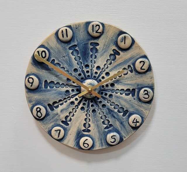 Hand Made Circular Round Matt Blue Natural Ceramic Wall Clock Quartz 25 cm Diam - image 1