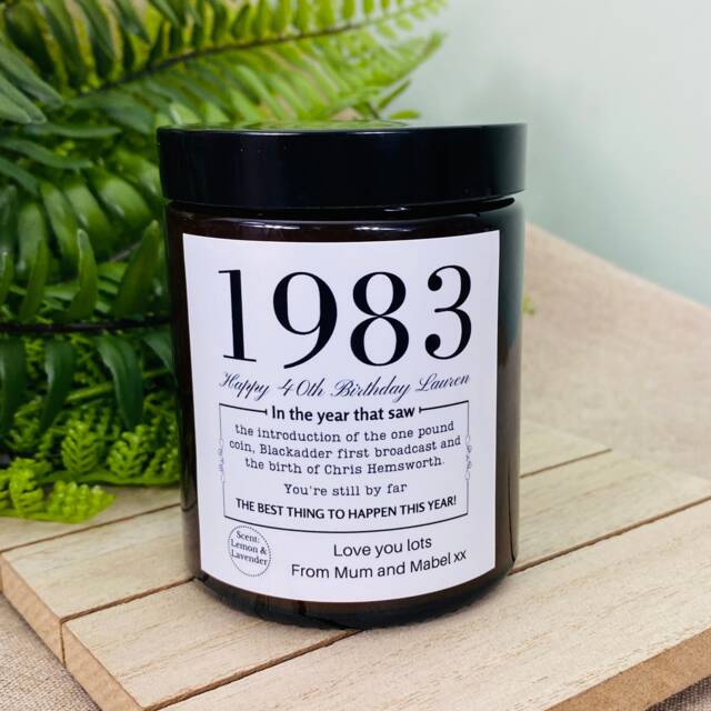 40Th Birthday Personalised Candle - 1983 Year You Were Born Milestone Gift For Women - Men Soy Wax No Paraffin Amber Jar - image 1