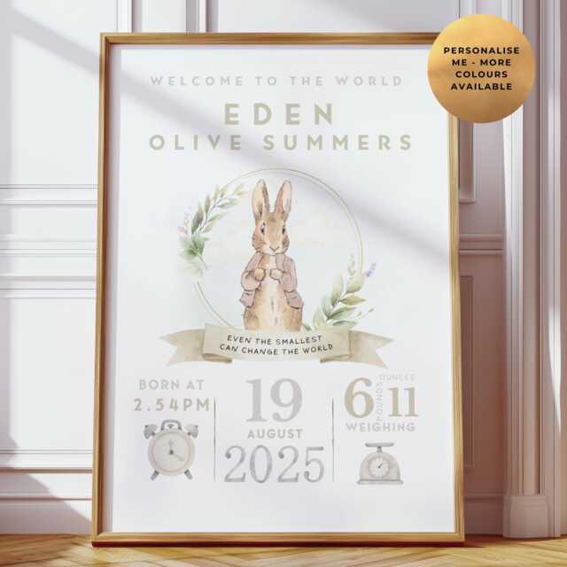 Peter Rabbit Birth Details Baby Print - Personalised Newborn Gift Nursery Wall Art Unique Christening Baptism - image 1