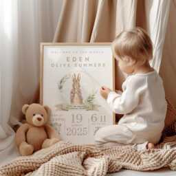 Peter Rabbit Birth Details Baby Print - Personalised Newborn Gift Nursery Wall Art Unique Christening Baptism - thumbnail 2