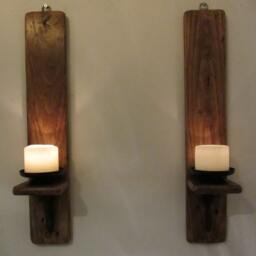 Pair Of Rustic Reclaimed Wood Wall Sconce Candle Holders With Beautiful Cast Iron Bracket Decoration - thumbnail 3