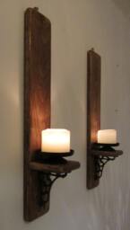 Pair Of Rustic Reclaimed Wood Wall Sconce Candle Holders With Beautiful Cast Iron Bracket Decoration - thumbnail 1