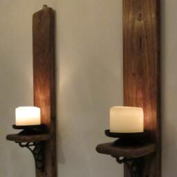 Pair Of Rustic Reclaimed Wood Wall Sconce Candle Holders With Beautiful Cast Iron Bracket Decoration - thumbnail 2