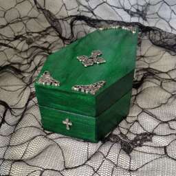 Green Silver Filigree Cross Goth Wood Coffin Box - Gothic Jewelry Halloween Decorations Alternative Gifts - thumbnail 3