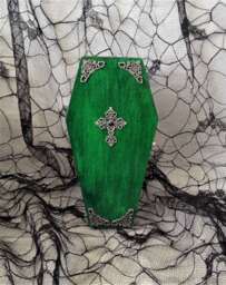 Green Silver Filigree Cross Goth Wood Coffin Box - Gothic Jewelry Halloween Decorations Alternative Gifts - thumbnail 1