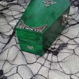 Green Silver Filigree Cross Goth Wood Coffin Box - Gothic Jewelry Halloween Decorations Alternative Gifts - thumbnail 2